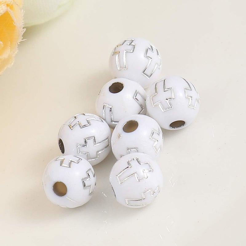 JGFinds Small Round Religious Spacer Beads  500 Pack Ball Shaped Bead Spacers  8mm (1/3 Inch) with 2mm Large Hole  Acrylic with Wood Look  Christian Beads (Silver Cross) - Image 3